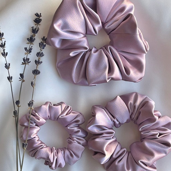 Satin purple hair scrunchies | lavender bridesmaid proposal gift | lilac hair accessories |Bridal party favors | elastic hair tie scrunchie