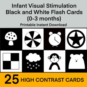 PDF stampabile Flashcard sensoriali per neonatix25, bianco e nero, per la stimolazione e lo sviluppo infantile da 0 a 3 mesi, Montessori ad alto contrasto