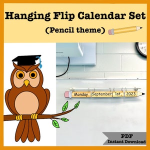 PDF Flip Calendar, Hanging Calendar set, Magnetic  Rod, Classroom Decor, Pencil Theme Calendar, Whiteboard rod, Days of the Week, 2025-2029