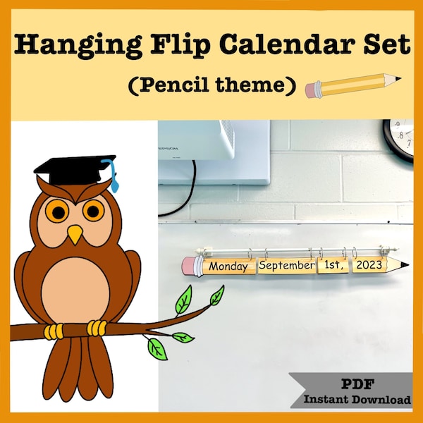 PDF Flip Calendar, Hanging Calendar set, Magnetic  Rod, Classroom Decor, Pencil Theme Calendar, Whiteboard rod, Days of the Week, 2023-2029