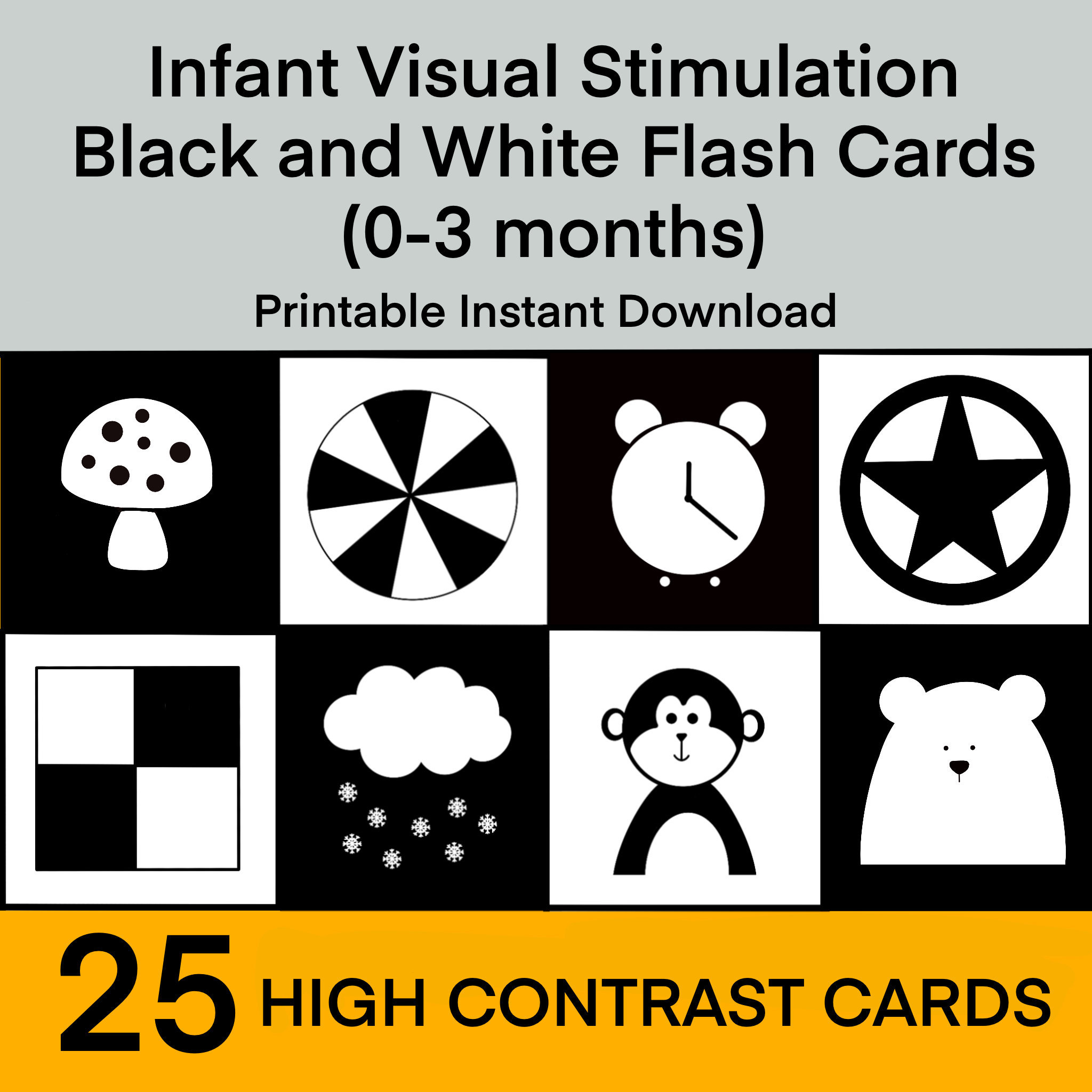 Printable PDF Newborn Baby Sensory Flashcardsx25, Black & White, for 0