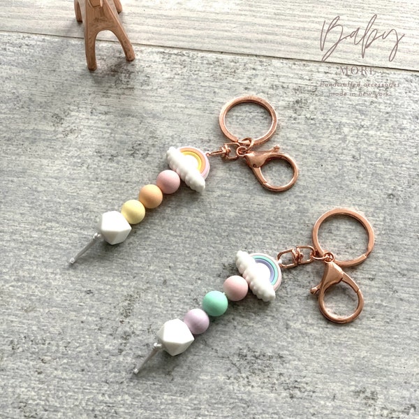 Rainbow Silicone Keychain| Pastel Rainbow Silicone Bead| Rose Gold Key Chain| Purse Charm Luggage Tag Bag Clip| Keyring| Mom Kid Gift