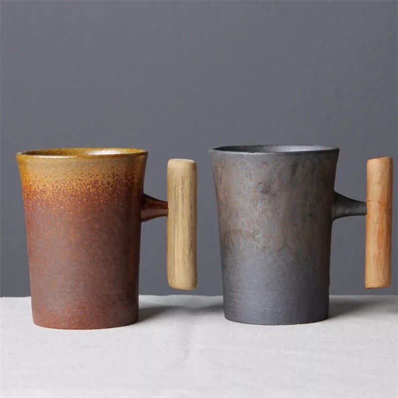 Japanese Style Vintage Ceramic Mug with Wood Handle