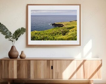 May include: A framed landscape photograph of a coastal scene with a grassy cliff and ocean. The image is displayed above a wooden cabinet with a vase and plant. The scene is illuminated by natural light.