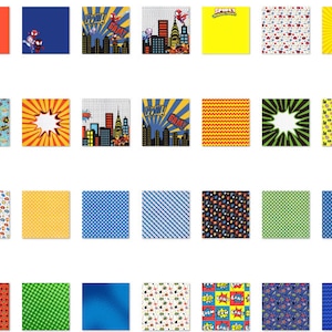 Puede incluir: Una colecci&oacute;n de 40 patrones de papel digital diferentes con temas de superh&eacute;roes, paisajes urbanos y dise&ntilde;os geom&eacute;tricos. Los patrones son de varios colores, incluidos rojo, azul, amarillo, verde y negro.