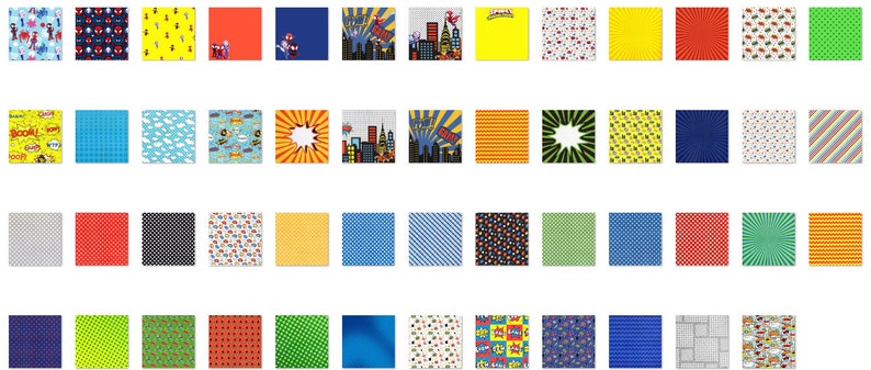 Puede incluir: Una colecci&oacute;n de 40 patrones de papel digital diferentes con temas de superh&eacute;roes, paisajes urbanos y dise&ntilde;os geom&eacute;tricos. Los patrones son de varios colores, incluidos rojo, azul, amarillo, verde y negro.