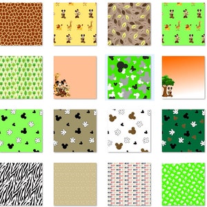 Op de afbeelding: Een verzameling van 36 digitale papierpatronen met verschillende jungledierprints, waaronder giraffe, zebra, luipaard en Mickey Mouse. De patronen zijn in verschillende kleuren, waaronder groen, bruin, oranje en geel.