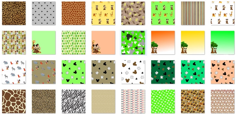 Op de afbeelding: Een verzameling van 36 digitale papierpatronen met verschillende jungledierprints, waaronder giraffe, zebra, luipaard en Mickey Mouse. De patronen zijn in verschillende kleuren, waaronder groen, bruin, oranje en geel.