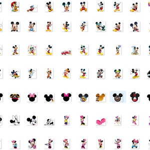 May include: A collection of 100 different Mickey Mouse images. The images feature Mickey Mouse in various poses and outfits, including a pirate, a chef, a magician, and a cowboy. The images are all in a cartoon style and are perfect for use in crafts, scrapbooking, or other creative projects.
