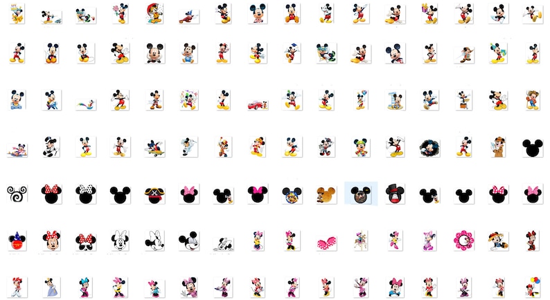 May include: A collection of 100 different Mickey Mouse images. The images feature Mickey Mouse in various poses and outfits, including a pirate, a chef, a magician, and a cowboy. The images are all in a cartoon style and are perfect for use in crafts, scrapbooking, or other creative projects.