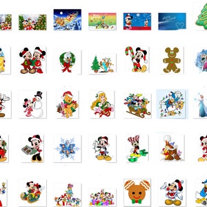 K&ouml;nnte beinhalten: Eine Sammlung von 48 Weihnachtsbildern mit Mickey Mouse, Minnie Mouse, Donald Duck, Goofy und anderen Disney-Charakteren. Die Bilder sind in verschiedenen Stilen gehalten, darunter Cartoon, Illustration und Fotografie.