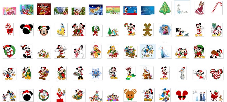 K&ouml;nnte beinhalten: Eine Sammlung von 48 Weihnachtsbildern mit Mickey Mouse, Minnie Mouse, Donald Duck, Goofy und anderen Disney-Charakteren. Die Bilder sind in verschiedenen Stilen gehalten, darunter Cartoon, Illustration und Fotografie.