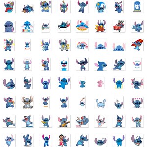 May include: A collection of 100 blue Stitch character stickers with various poses and expressions. The stickers feature Stitch in different outfits and situations, including wearing a hat, playing guitar, and holding a surfboard.