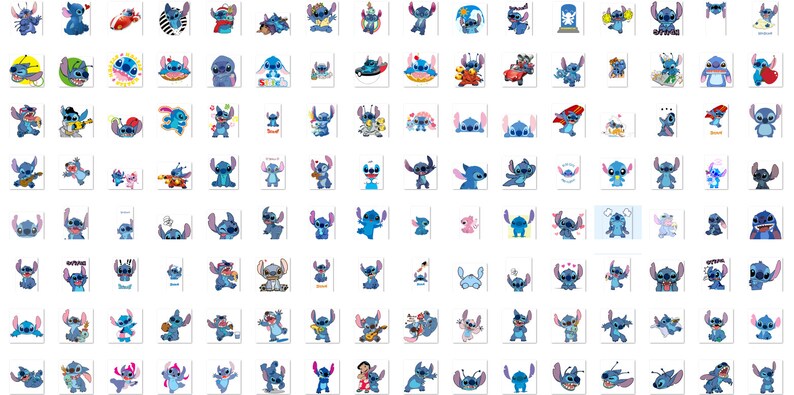 May include: A collection of 100 blue Stitch character stickers with various poses and expressions. The stickers feature Stitch in different outfits and situations, including wearing a hat, playing guitar, and holding a surfboard.