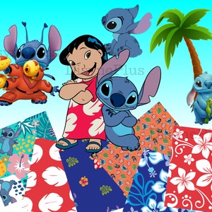 May include: A colorful illustration featuring Stitch from Lilo & Stitch. The image includes Stitch in various poses, including holding a frog, wearing a space suit, and hugging Lilo. The background features a tropical palm tree and floral patterns.