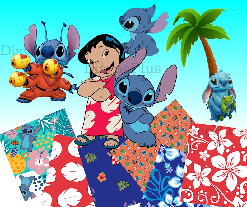 May include: A colorful illustration featuring Stitch from Lilo & Stitch. The image includes Stitch in various poses, including holding a frog, wearing a space suit, and hugging Lilo. The background features a tropical palm tree and floral patterns.