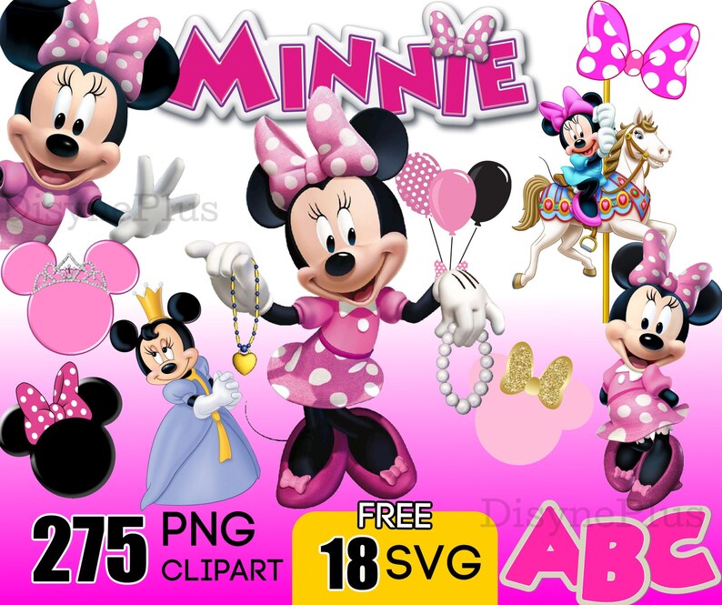 Minnie Mouse PNG Clipart, Minnie Free SVG, Digital Download, minnie mouse font, pink birthday printables, Minnie mouse shirt sublimation 