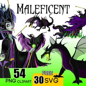 Może przedstawiać: Zestaw cyfrowych obrazów clipart z Maleficent z filmu Disneya Śpiąca Królewna. Zestaw zawiera 54 obrazy clipart PNG i 30 plików SVG. Obrazy przedstawiają Maleficent w różnych pozach, w tym w postaci smoka, i w jej charakterystycznej fioletowo-zielonej kolorystyce.