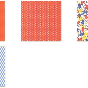 May include: Four different patterned fabric swatches. The first swatch is a solid orange with a subtle grid pattern. The second swatch is a red fabric with white polka dots. The third swatch is a white fabric with a repeating pattern of blue, red, and yellow monkeys. The fourth swatch is a white fabric with blue and white stripes.