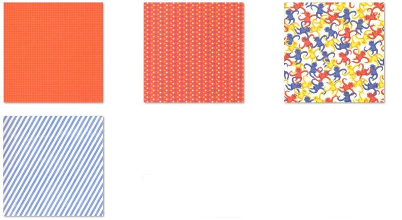 May include: Four different patterned fabric swatches. The first swatch is a solid orange with a subtle grid pattern. The second swatch is a red fabric with white polka dots. The third swatch is a white fabric with a repeating pattern of blue, red, and yellow monkeys. The fourth swatch is a white fabric with blue and white stripes.