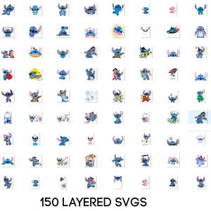 May include: A collection of 150 layered SVGs featuring a blue alien character with various expressions and poses. The character is known as Stitch from the Disney movie Lilo & Stitch.