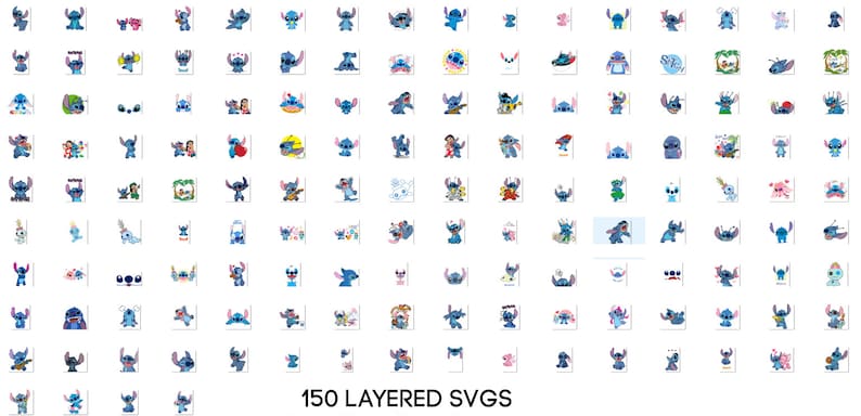 May include: A collection of 150 layered SVGs featuring a blue alien character with various expressions and poses. The character is known as Stitch from the Disney movie Lilo & Stitch.