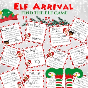 May include: A festive Christmas-themed game board with the text "Elf Arrival Find the Elf Game" in red. The game features various cards with elf-related clues and illustrations, along with elf legs and a hat.