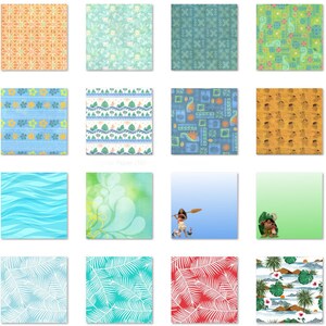 May include: A set of 24 digital paper patterns featuring tropical and Hawaiian themes. The patterns include flowers, leaves, waves, and geometric designs in various colors, including blue, green, yellow, red, and white.