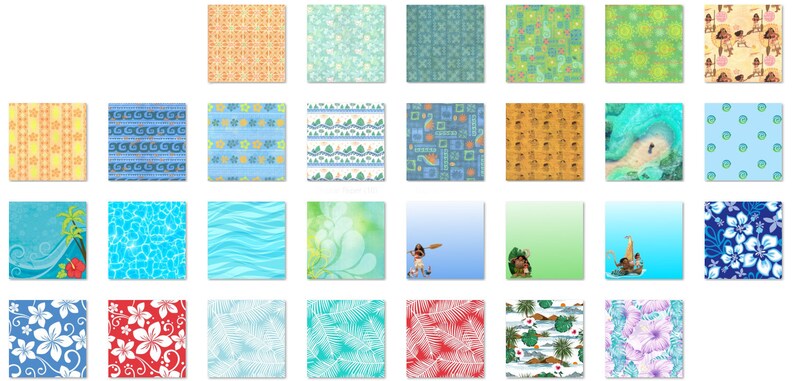 May include: A set of 24 digital paper patterns featuring tropical and Hawaiian themes. The patterns include flowers, leaves, waves, and geometric designs in various colors, including blue, green, yellow, red, and white.