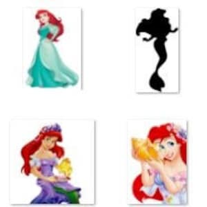 Puede incluir: Una colecci&oacute;n de varias ilustraciones de una sirena con cabello rojo y cola verde, en diferentes poses y atuendos. Algunas im&aacute;genes la muestran con otros personajes, mientras que otras son siluetas.