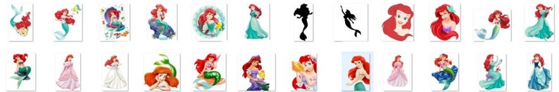 Puede incluir: Una colecci&oacute;n de varias ilustraciones de una sirena con cabello rojo y cola verde, en diferentes poses y atuendos. Algunas im&aacute;genes la muestran con otros personajes, mientras que otras son siluetas.