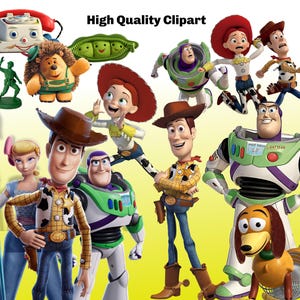 May include: A collection of Toy Story characters, including Woody, Buzz Lightyear, Jessie, and Slinky Dog. The characters are all in their signature poses and colors. The image is a high-quality clipart.