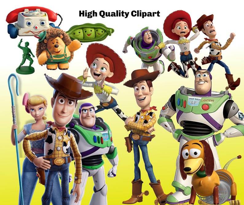 May include: A collection of Toy Story characters, including Woody, Buzz Lightyear, Jessie, and Slinky Dog. The characters are all in their signature poses and colors. The image is a high-quality clipart.