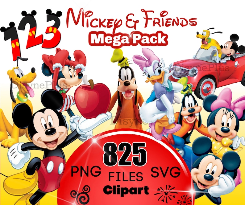 May include: A colourful illustration featuring Mickey Mouse and his friends, including Minnie Mouse, Donald Duck, Goofy, and Pluto. The image includes the text "123 Mickey & Friends Mega Pack 825 PNG FILES SVG Clipart".