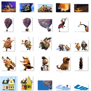 Puede incluir: Una colecci&oacute;n de im&aacute;genes con personajes y escenas de la pel&iacute;cula animada Up. Las im&aacute;genes incluyen a los personajes principales, Carl Fredricksen y Russell, as&iacute; como al perro parlante, Dug, y al p&aacute;jaro colorido, Kevin. Las im&aacute;genes tambi&eacute;n muestran la casa levantada por globos, la selva amaz&oacute;nica y el ic&oacute;nico logotipo de "UP".
