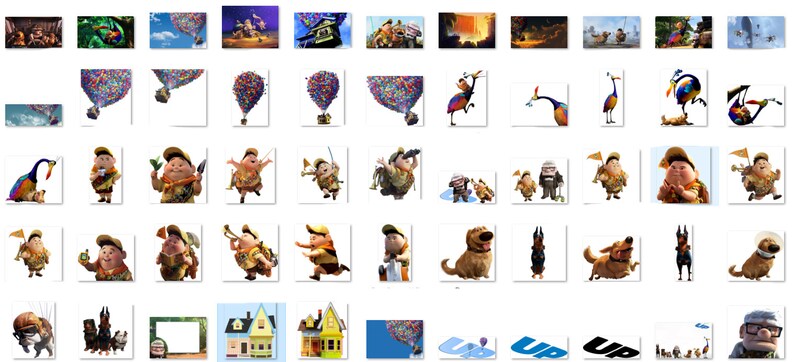 Puede incluir: Una colecci&oacute;n de im&aacute;genes con personajes y escenas de la pel&iacute;cula animada Up. Las im&aacute;genes incluyen a los personajes principales, Carl Fredricksen y Russell, as&iacute; como al perro parlante, Dug, y al p&aacute;jaro colorido, Kevin. Las im&aacute;genes tambi&eacute;n muestran la casa levantada por globos, la selva amaz&oacute;nica y el ic&oacute;nico logotipo de "UP".
