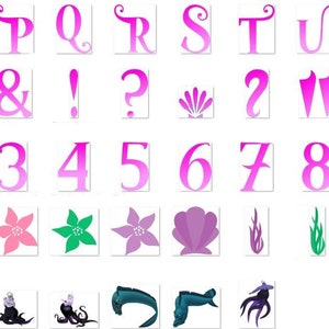 Puede incluir: Un conjunto de letras del alfabeto, n&uacute;meros y s&iacute;mbolos rosas estilizados, junto con varias ilustraciones de dibujos animados. Las letras y los n&uacute;meros tienen un efecto degradado, que pasa de un rosa m&aacute;s oscuro a uno m&aacute;s claro. Las ilustraciones incluyen criaturas marinas y personajes.