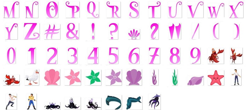 Puede incluir: Un conjunto de letras del alfabeto, n&uacute;meros y s&iacute;mbolos rosas estilizados, junto con varias ilustraciones de dibujos animados. Las letras y los n&uacute;meros tienen un efecto degradado, que pasa de un rosa m&aacute;s oscuro a uno m&aacute;s claro. Las ilustraciones incluyen criaturas marinas y personajes.