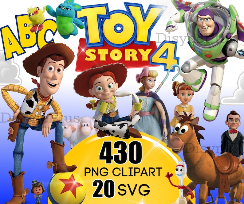 Pu&ograve; includere: Grafica digitale con i personaggi di Toy Story 4, tra cui Woody, Buzz Lightyear e Jessie. L'immagine include il testo "Toy Story 4" e "430 PNG Clipart 20 SVG". I personaggi sono su sfondo bianco.