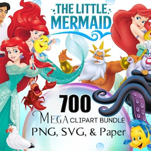 Pode incluir: Um pacote de arte digital com personagens de "A Pequena Sereia". A imagem inclui Ariel, Príncipe Eric, Linguado, Sebastião, Rei Tritão e Ursula. O texto diz "700 Mega Clipart Bundle PNG, SVG, & Paper."