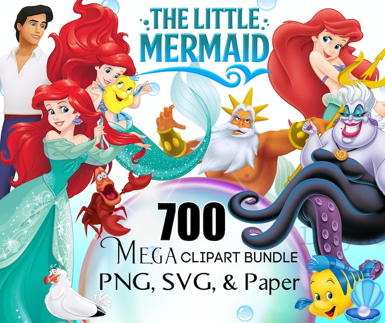 Puede incluir: Un paquete de arte digital con personajes de "La Sirenita". La imagen incluye a Ariel, el Pr&iacute;ncipe Eric, Flounder, Sebasti&aacute;n, el Rey Trit&oacute;n y &Uacute;rsula. El texto dice "700 Mega Clipart Bundle PNG, SVG, & Paper."