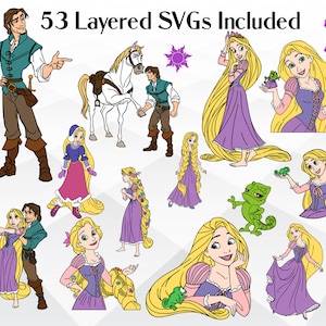 May include: A set of 53 layered SVGs featuring characters from the animated film Tangled. The characters include Rapunzel, Flynn Rider, Pascal the chameleon, and Maximus the horse. The SVGs are in a variety of poses and expressions, and are perfect for creating crafts, projects, and designs.