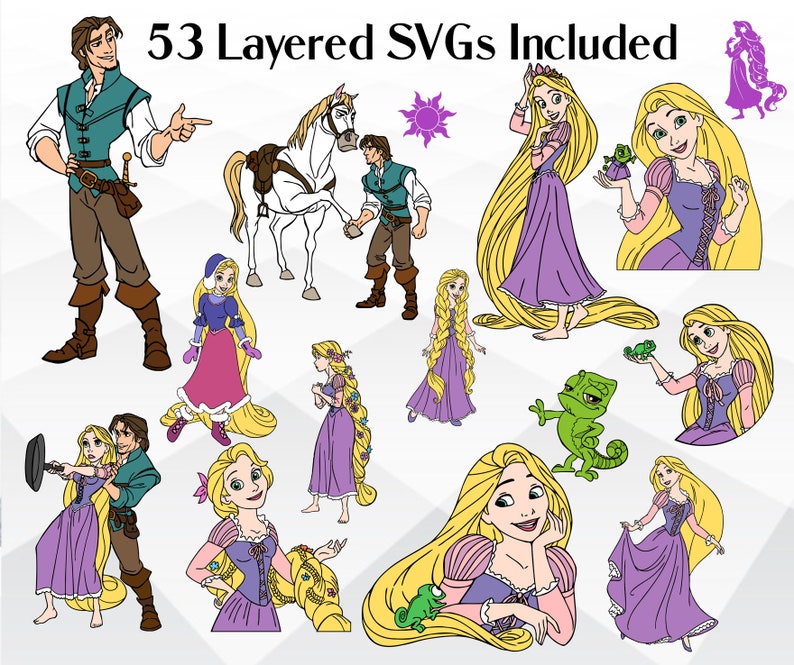 May include: A set of 53 layered SVGs featuring characters from the animated film Tangled. The characters include Rapunzel, Flynn Rider, Pascal the chameleon, and Maximus the horse. The SVGs are in a variety of poses and expressions, and are perfect for creating crafts, projects, and designs.