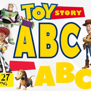 May include: Toy Story themed alphabet letters in yellow with blue outlines. The letters spell out "ABC" twice. The characters Woody, Buzz Lightyear, Jessie, and Slinky Dog are featured in the image. The text "227 PNG" is also included.