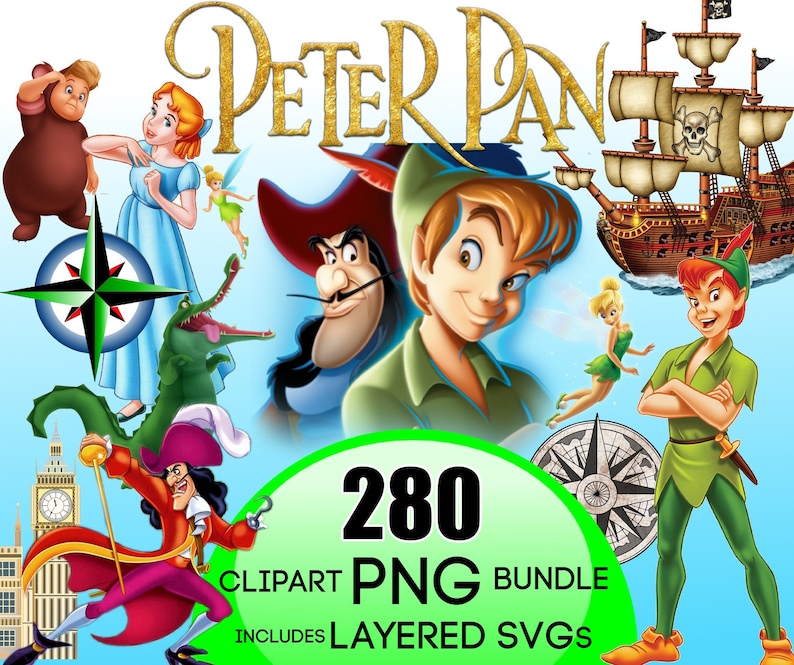 May include: A digital clipart bundle featuring 280 PNG and layered SVG files of characters from the Peter Pan story. The characters include Peter Pan, Captain Hook, Tinkerbell, Wendy, and the crocodile. The bundle also includes a compass, a ship, and a clock tower.
