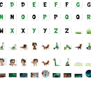 May include: A colorful alphabet chart with green and black letters. The letters are arranged in alphabetical order. Below the alphabet are images of a cartoon dinosaur, a boy, and a green leaf.