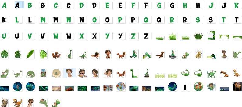 May include: A colorful alphabet chart with green and black letters. The letters are arranged in alphabetical order. Below the alphabet are images of a cartoon dinosaur, a boy, and a green leaf.