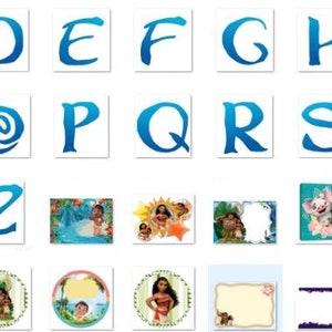 K&ouml;nnte beinhalten: Ein Satz druckbarer Buchstaben und Rahmen zum Thema Vaiana. Die Buchstaben sind blau und wei&szlig; und die Rahmen zeigen Vaiana-Charaktere und Szenen aus dem Film.
