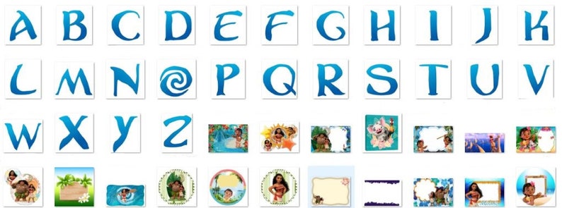 K&ouml;nnte beinhalten: Ein Satz druckbarer Buchstaben und Rahmen zum Thema Vaiana. Die Buchstaben sind blau und wei&szlig; und die Rahmen zeigen Vaiana-Charaktere und Szenen aus dem Film.