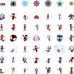 Puede incluir: Una colecci&oacute;n de 49 im&aacute;genes de dibujos animados coloridos con personajes de Spider-Man, incluidos Spider-Man, Spider-Gwen, Miles Morales y Black Panther. Las im&aacute;genes est&aacute;n sobre un fondo blanco. El logotipo de Marvel Comics es visible en la esquina superior izquierda.